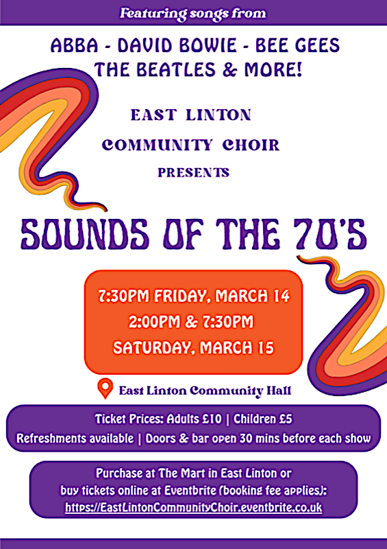 Poster - East Linton Community Choir presents sounds of the 70s